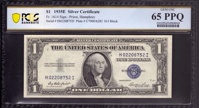 1935 E $1 Silver Certificate Note Currency Fr.1614 Hi Block Pcgs B Gem 65 Ppq