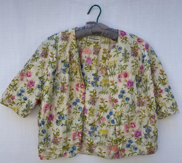1960s Frances Brewster Beaded Silk Bolero Jacket, Multicolor Summer Florals, S/M