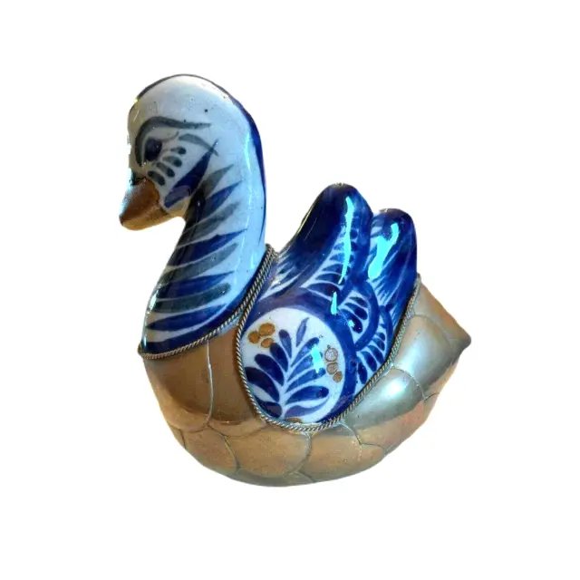 Vintage Tonala Mexican Pottery Bird Swan Goose Duck with Brass Body Hand Painted