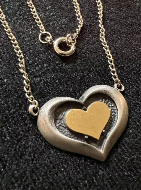 Vintage Pewter & Gold Tone Heart Shaped Pendant w/ Silver Tone Chain