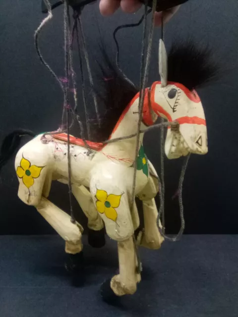 Vtg. Painted Handcarved Wood Marionette Puppet Horse All Original w/Strings