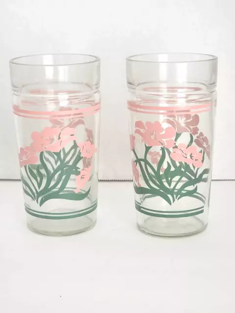 Pink Floral Drinking Glass Tumblers 16 oz. Jelly Jar Anchor Hocking ~ Set of 2