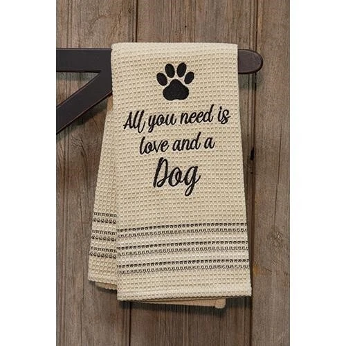 NEW Farmhouse Dish Towel ALL YOU NEED IS LOVE AND DOG Tan Black Tea Hand 20"x28"