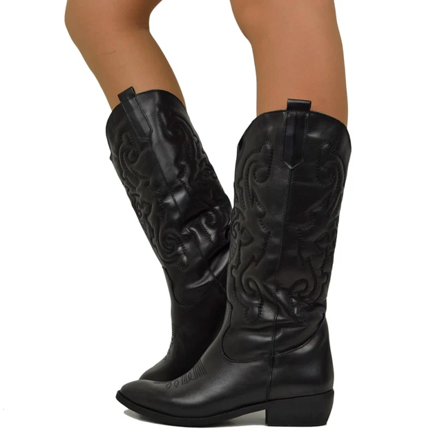 STIVALI TEXANI DONNA Alti Neri in Pelle con Cuciture EUR 139 99 PicClick IT