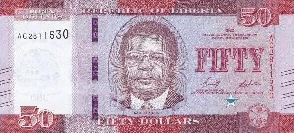 2022 Liberia 50 Dollars UNC Banknote. Fifty Liberian Dollars currency Bill