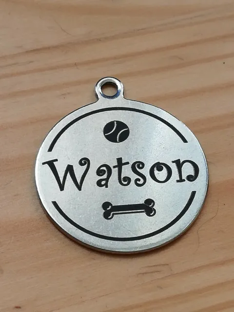 Round stainless steel dog tag or cat tag, laser engraved to both sides