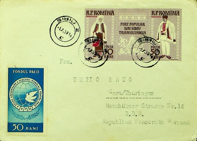 Romania 1959 Popular Port Of Sibiu Transylvania Gutter Pair On Cover To Germany