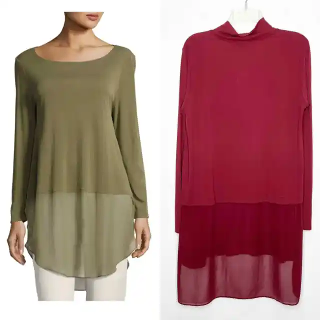 NWT Eileen Fisher Long-Sleeve Stretch Silk Jersey Tunic Sheer Layer Claret Small
