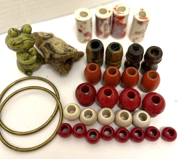 Mixed Lot Macrame Ceramic Wood Beads Frog Owl Mushroom Splattered  Metal rings