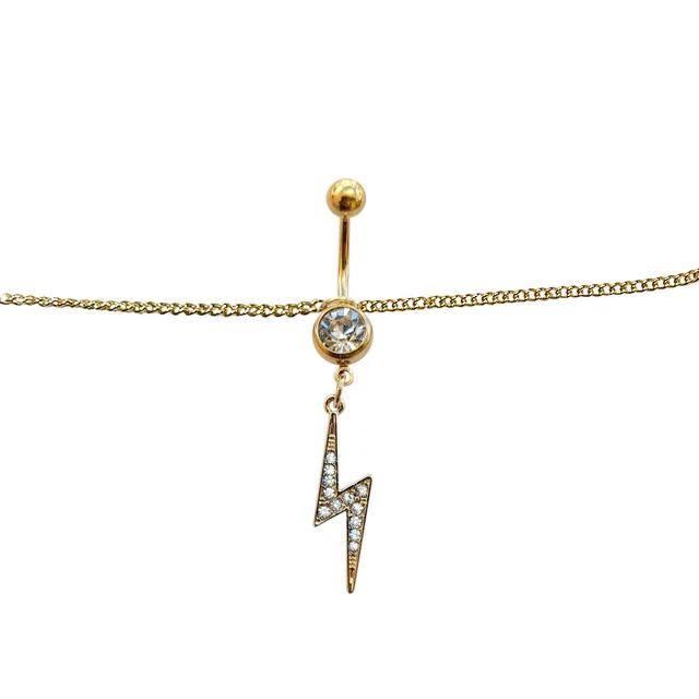 Belly Chain Navel Ring Gold Plated Waist with CZ Lightning Bolt Charm 14 Gauge