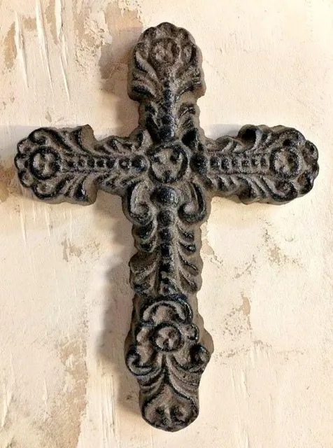 SMALL FEMININE FLEUR DE LIS CROSS, Rustic Brown Finish Cast Iron