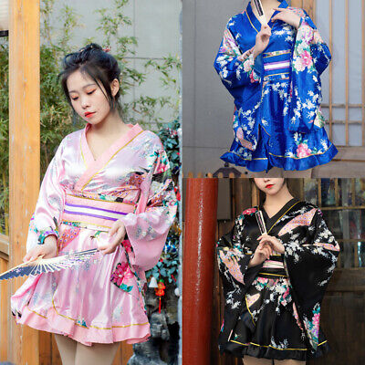 Floral Print Kimono Satin Ruffle Japanese Bathrobe Yukata Geisha Costume Summer