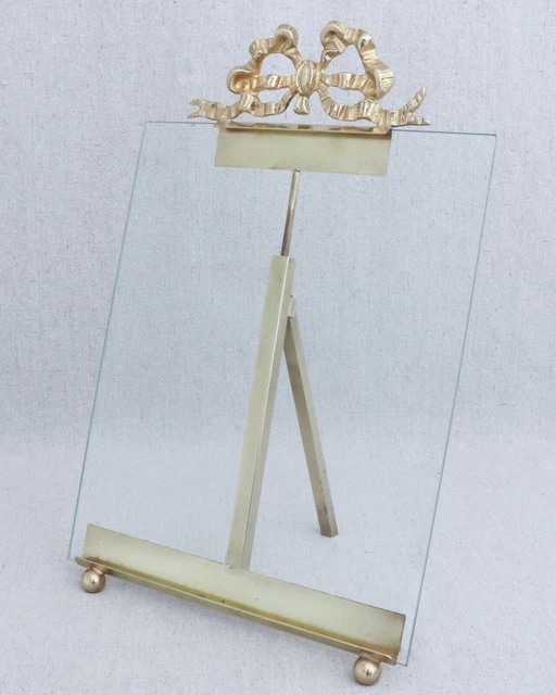 Vintage French Edwardian Brass Ribbon Bow Beveled Glass Easel Picture Frame 12”