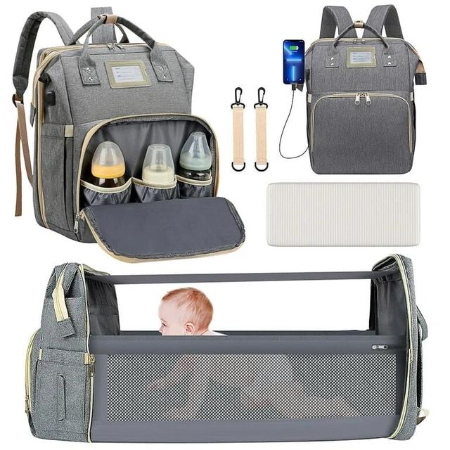 Diaper Bag Backpack, Baby Changing Bag with Foldable Crib-Grey