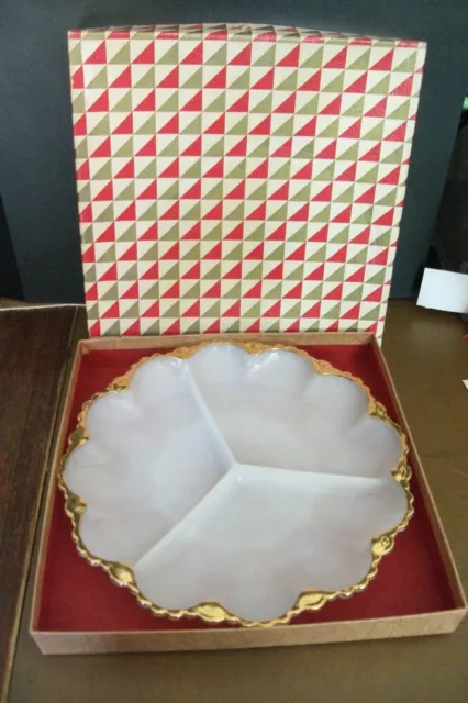 Anchor Hocking W-898/G-13 milk glass tri-dish candy serving vintage original box