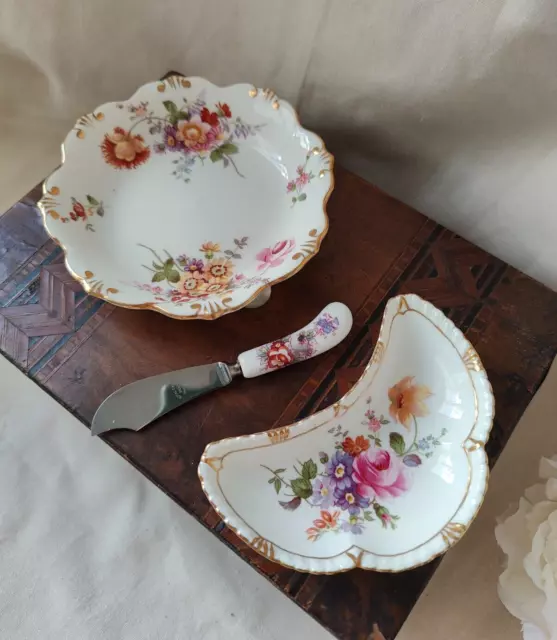 VTG Royal Crown Derby Posies Butter Knife Crescent Dish & Fluted Plate 1940's