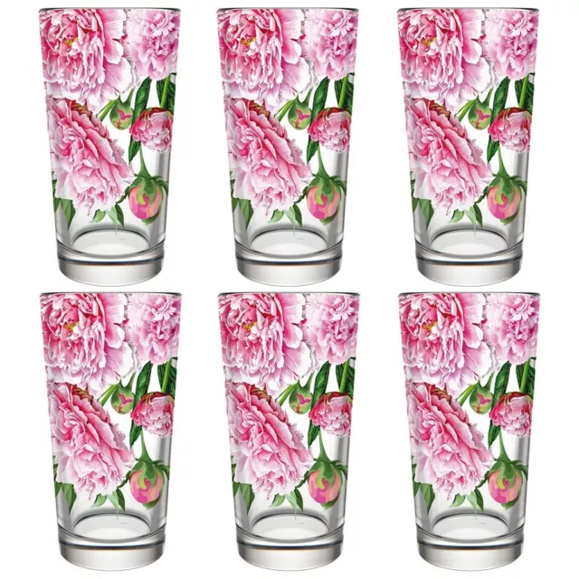 SET OF 6 Peony Flowers Tall Drinking Highball Tumbler Glasses. 6 x 7.8oz