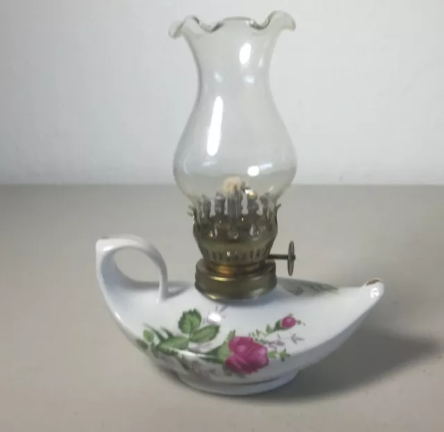 Vintage Miniature Oil Lamp Hurricane (Genie Lamp) with Roses. RARE!!!