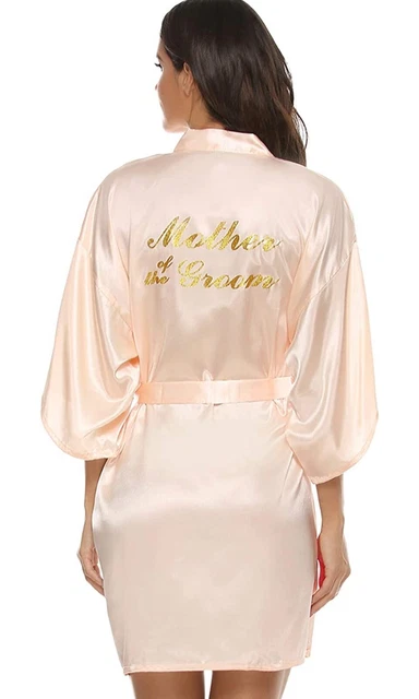 Wedding Party Satin Robe Short Kimono Light Pink w Gold - Mother of Groom - L