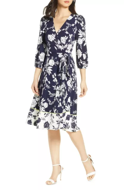 Eliza J Floral Print Faux Wrap Dress, Size 2 4 6 2P in Navy/Ivory