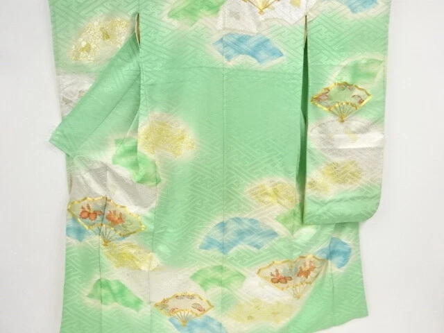 45286# Japanese Kimono / Antique Furisode / Embroidery / Folding Fan With Paulow