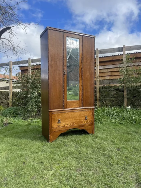 Antique Oak Arts Crafts Single Wardrobe With Mirror And Drawer 2