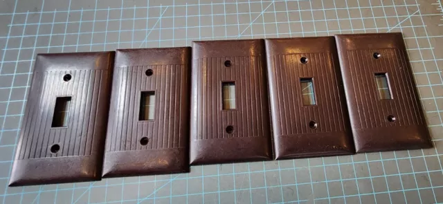 5 Vtg Deco Brown Sierra Single Gang Switch Wall Plate Cover Ribbed Bakelite - E