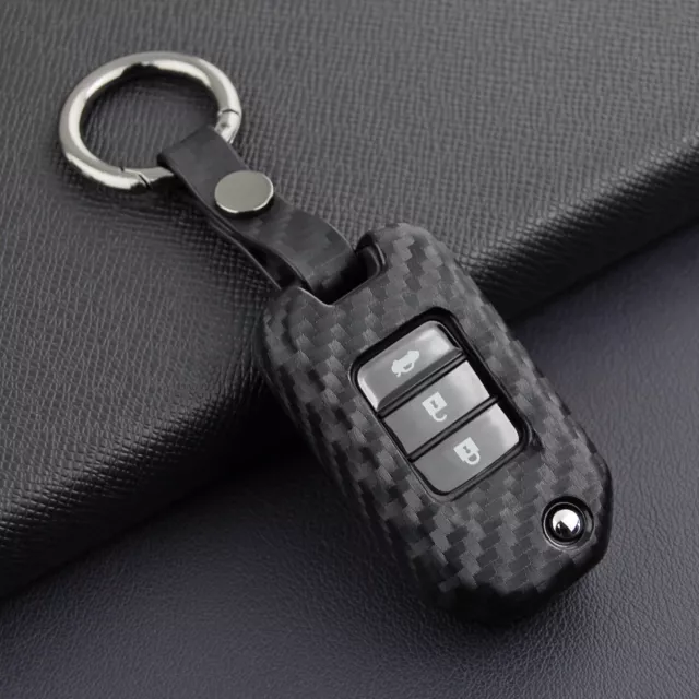 For Honda Civic CRV Accord Accessories Carbon Fiber Flip Car Key Case Fob Chain