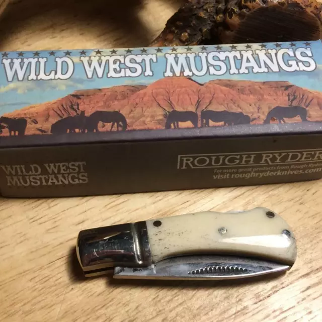 Rough Ryder Wild West Mustangs White Bone Lockback 2 1/8" Pocket Knife RR1296