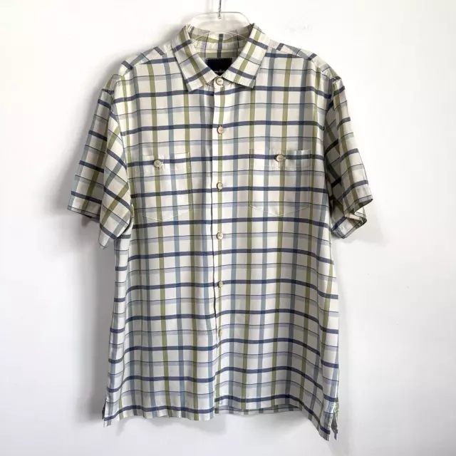 Tommy Bahama Silk Blend Mens Shirt M Plaid Short Sleeve Button Front Shirt FLAW