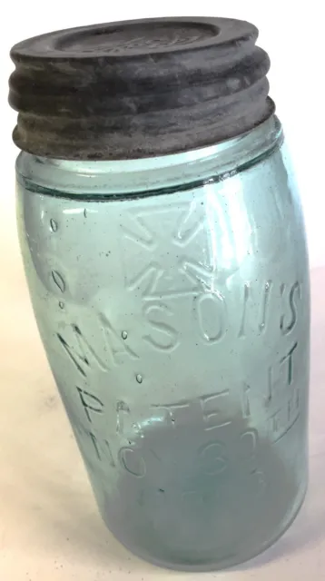 Mason's Light Aqua 1 Quart Cross  Canning Jar  w/Zinc Lid Patent NOV 30th 1858