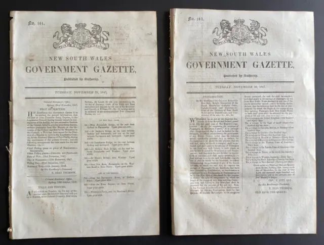 1847 x 2 New South Wales Government Gazette - ORIGINAL - FREE EXPRESS AUST