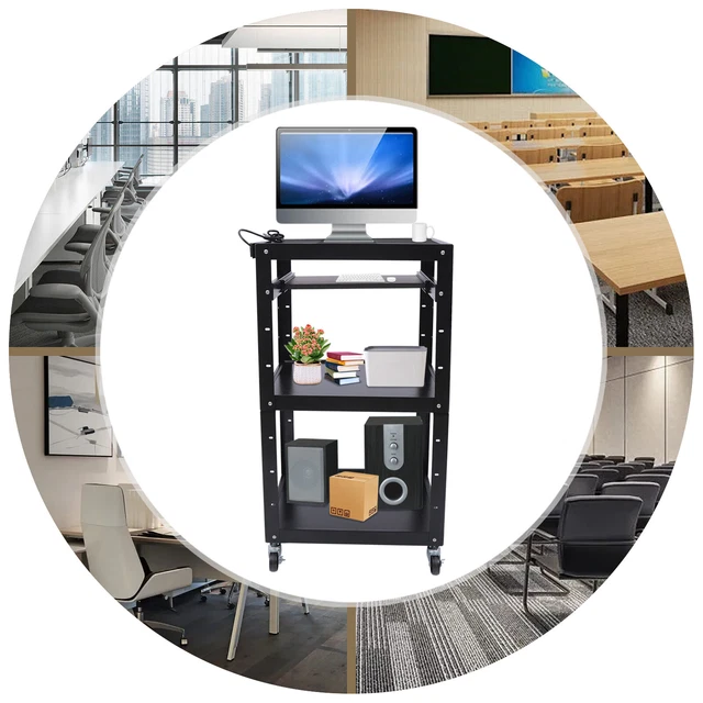 Desk Projector Cart on Wheels Rolling Standing w/ Power Strip Cord Management
