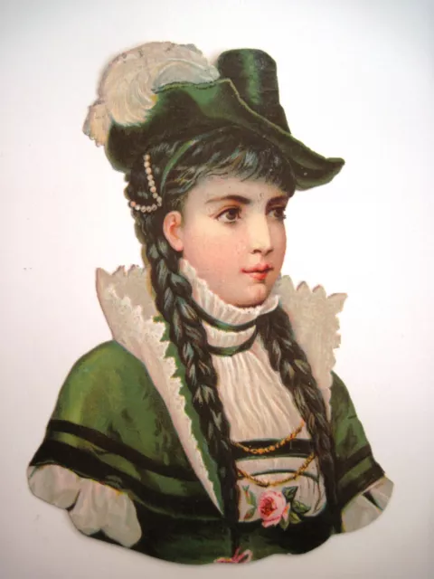 Large Vintage Die Cut of 1800's Woman w/ Braids & Green Hat w/ Feather   *