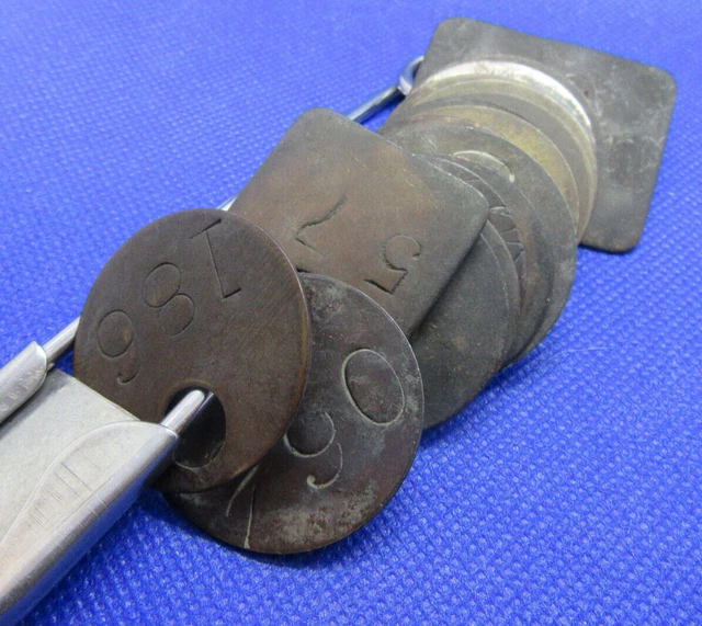 Antique Coal Mining Giant Clothes Pin W/ 20 Brass Check Tags I.d Mine Badges 2