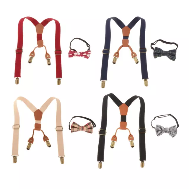 Kids Suspenders & Bowtie Set Adjustable 4 Clips Y Back Braces for Boys Girls