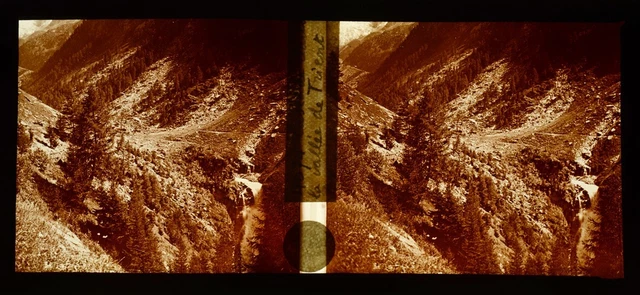 stéréo view, Swiss, Trient Valley, vue stéréoscopique, plaque verre 6x13 cm