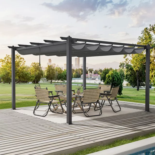 4m x 4m Aluminium Gazebo Pergola with Retractable Roof Garden Sun Shade Shelter