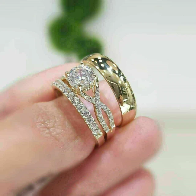 His & Her 2Ct Moissanite Engagement Ring Wedding Trio Set 14K Yellow Gold Plated
