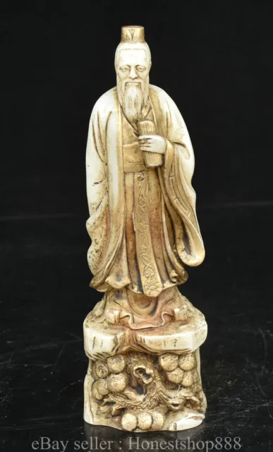8 " Ancient China White Jade Gilt Dynasty Kongzi Confucius Confucian Statue