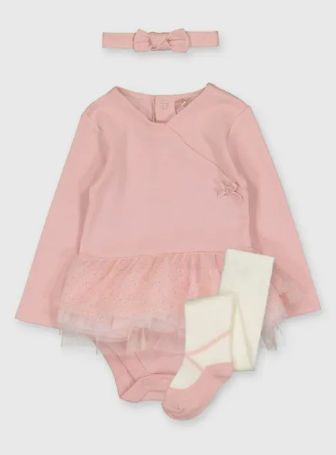 Baby Girls Ballerina Pink Tutu Bodysuit Headband Tights Outfit Set Romper Gift