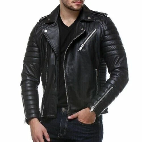 Men's Black Genuine Soft Lambskin Slim fit Motorcycle Bomber Leather Jacket