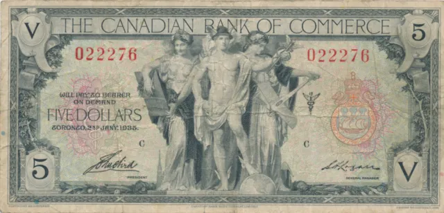 Canadian Bank Of Commerce 5 Dollars 1935 022276 - Vg/F