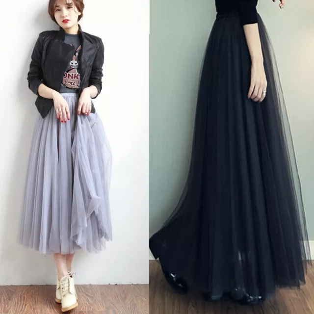 Women Tulle Mesh Full Skirt Maxi Long Dress 3 Layers Pleated Big Swing