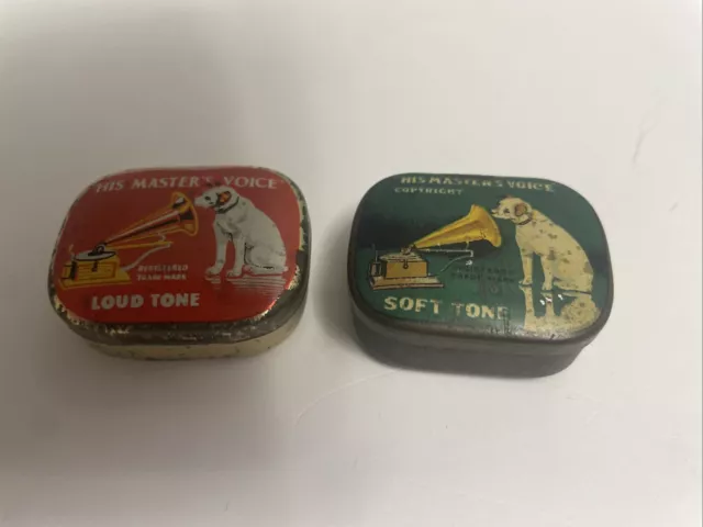 2 x ORIGINAL VINTAGE HIS MASTERS VOICE HMV GRAMAPHONE NEEDLE TINS (EMPTY)