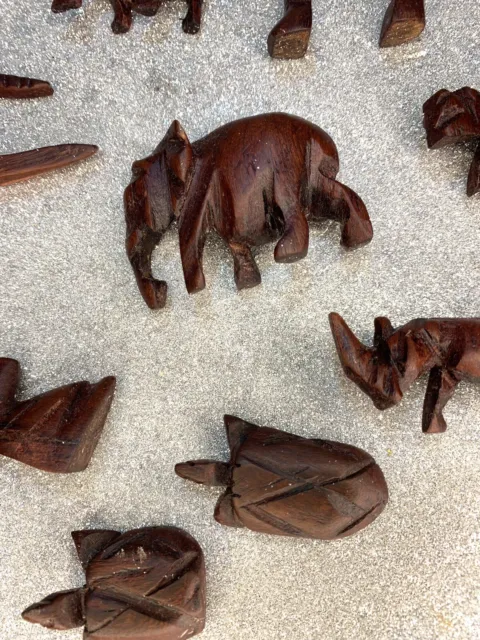 16 Mini Carved Wooden Animals Zoo Jungle Safari Brown Small Wood Elephant Men