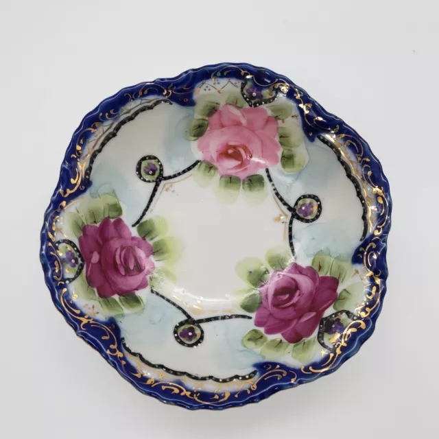 Antique NIPPON Hand Painted Roses Scalloped Bowl - Cobalt Blue Gold Gilt - 5.25"