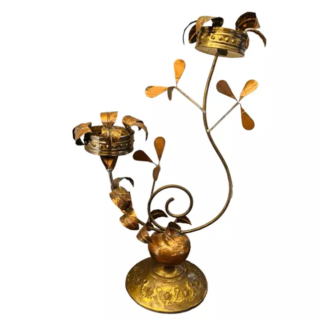 Vintage Italian Regency Gold Gilt Tole Metal Flower candle holder metalware