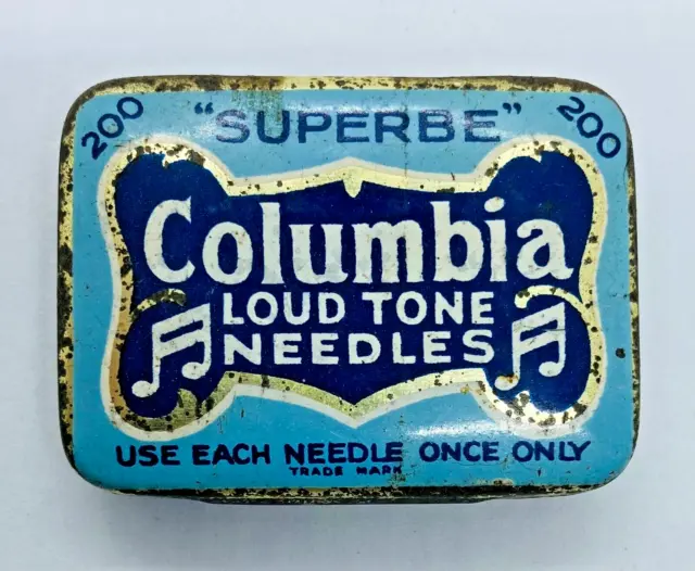 Vintage Columbia Superbe Loud Tone Gramophone Needles Tin - with Contents