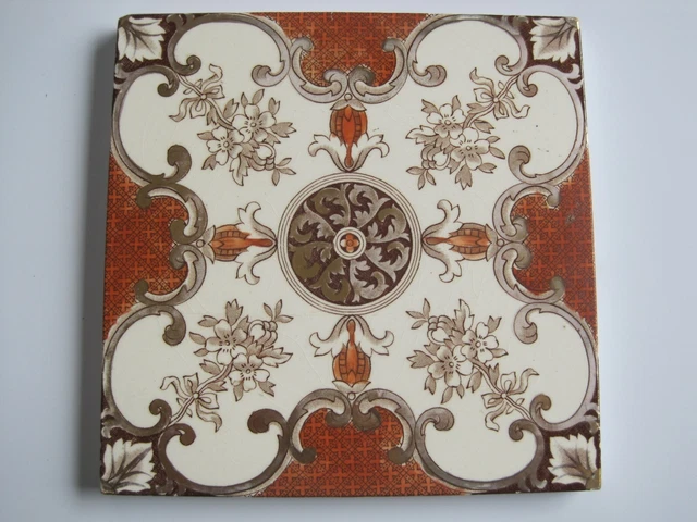 Antique Victorian Lea & Boulton Floral Print & Gilt Tile C1896-1902 Patt.450